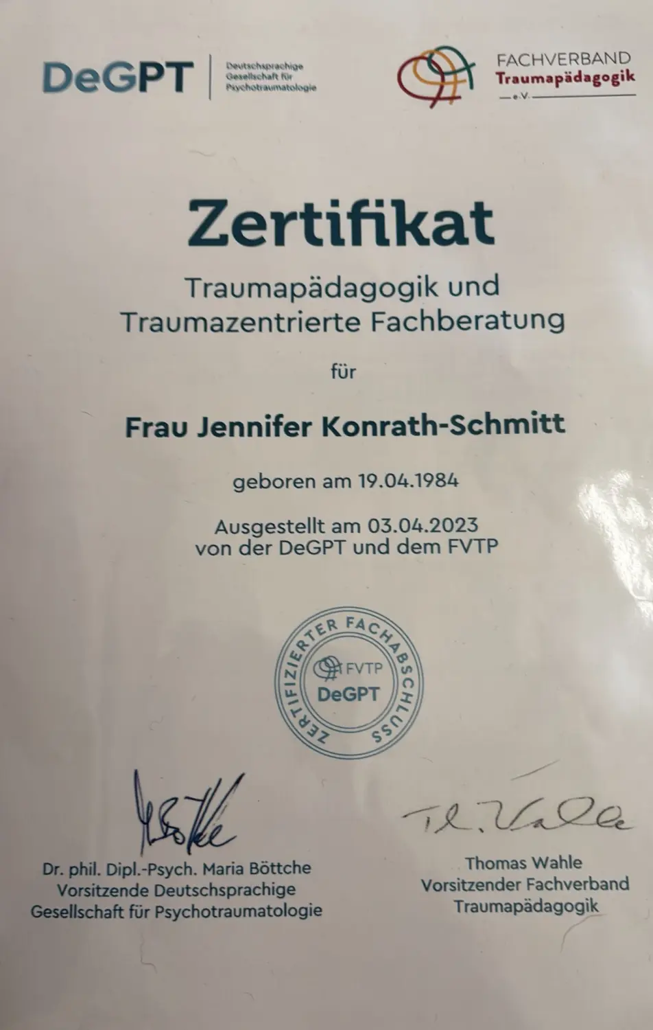 Traumazentrierte Fachberatung Jennifer Konrath- Zertifikat